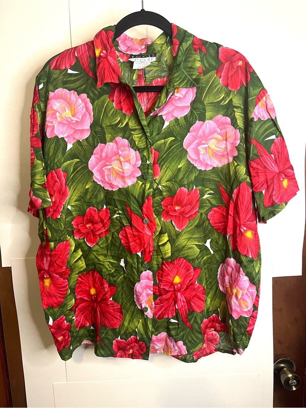 Sandra Ingrish Sport (VTG L) Tropical Floral Rayon Button Down Shirt